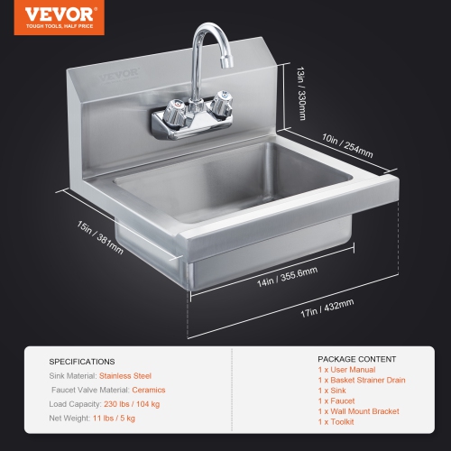 VEVOR 17 x 12.8 inch Commercial Hand Sink with Faucet, NSF Stainless Steel Sink for Washing, Small Hand Washing Sink, Wall Mount Hand Basin, Utility