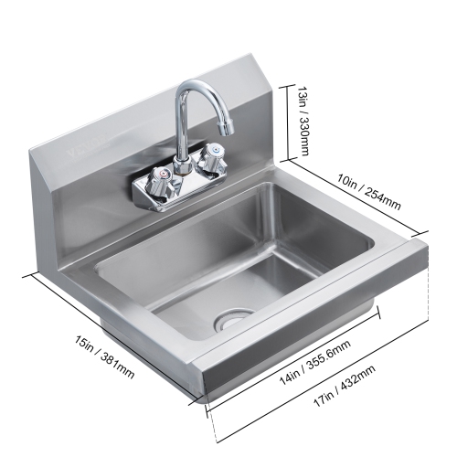 VEVOR 17 x 12.8 inch Commercial Hand Sink with Faucet, NSF Stainless Steel Sink for Washing, Small Hand Washing Sink, Wall Mount Hand Basin, Utility