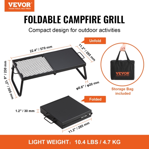 VEVOR Folding Campfire Grill, Heavy Duty Steel Mesh Grate, 22.4" Portable Camping Grates Over Fire Pit, Camp Fire Cooking Equipment with Legs