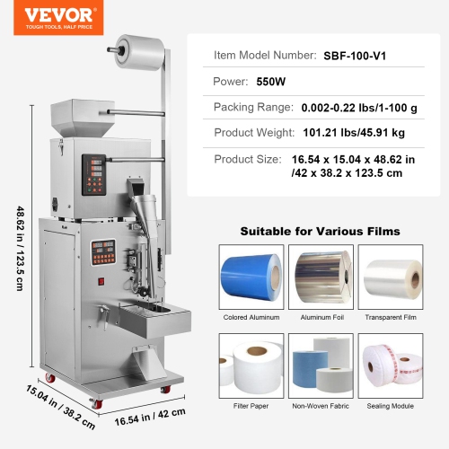 VEVOR 0.002-0.22lbs/1-100g Automatic Particle Packaging Machine, Multi-Function Pouch Powder Sachet Weighting Filling Packing Machine, Powder Filler
