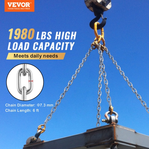 VEVOR 5/16" x 6' Proof Coil Chain,1980 lbs Safe Working Load, Zinc Plated Proof Tested Coil Chain with Two Quick Links, Galvanized Carbon Steel Link