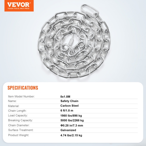 VEVOR 5/16" x 6' Proof Coil Chain,1980 lbs Safe Working Load, Zinc Plated Proof Tested Coil Chain with Two Quick Links, Galvanized Carbon Steel Link