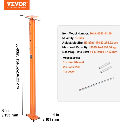 VEVOR House Floor Jack, 53"-93" Height Range, 18000 lbs Max Load Capacity, Adjustable Support Beam Basement Jack Post Pole for Leveling, Lift Support