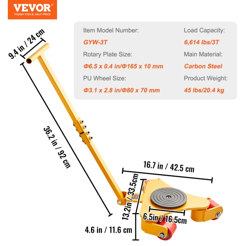 VEVOR 6614 LBS/3T Carbon Steel Machinery Moving Skate Dolly,Industrial Machinery Mover with Handle,with 3 360° Swivel PU Wheels, 360° Rotation