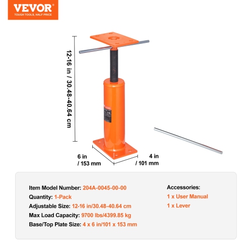 VEVOR House Floor Jack, 12"-16" Height Range, 9700 lbs Max Load Capacity, Adjustable Support Beam Basement Jack Post Pole for Leveling, Lift Support