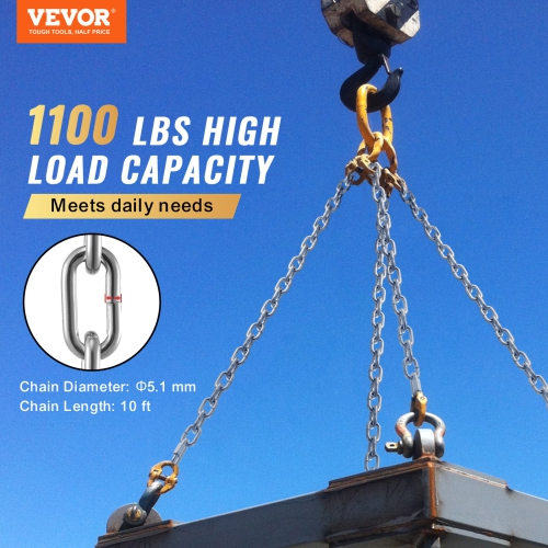 VEVOR 3/16" x 10' Proof Coil Chain,1100 lbs Safe Working Load, Zinc Plated Proof Tested Coil Chain with Two Quick Links, Galvanized Carbon Steel Link