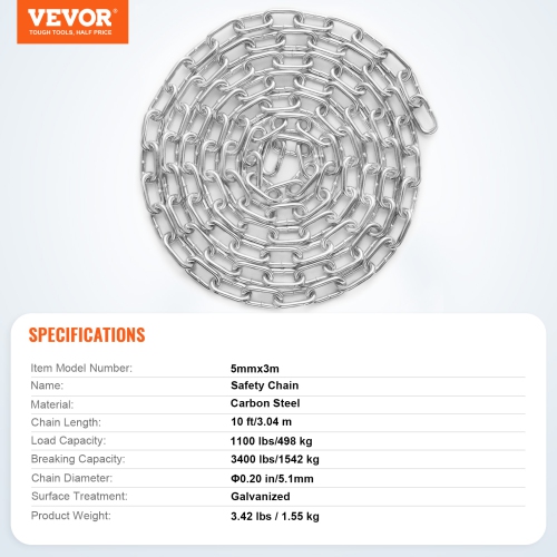 VEVOR 3/16" x 10' Proof Coil Chain,1100 lbs Safe Working Load, Zinc Plated Proof Tested Coil Chain with Two Quick Links, Galvanized Carbon Steel Link