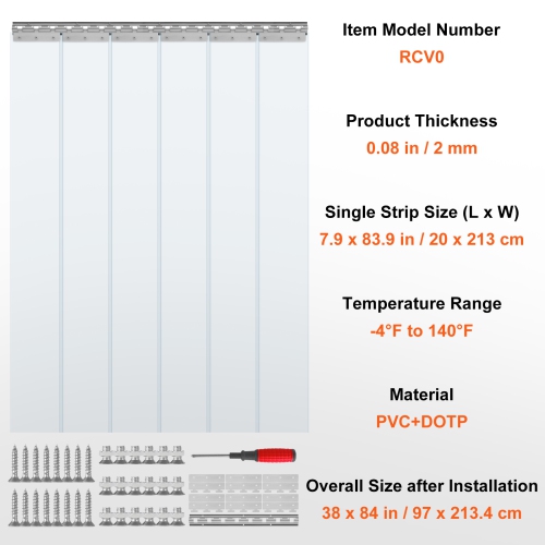 VEVOR Strip Curtain, 84" Height x 38" Width, 0.08" Thickness, 6PCS Clear PVC Strip Door Curtain, Freezer Curtain, Plastic Door Strips for Walk in