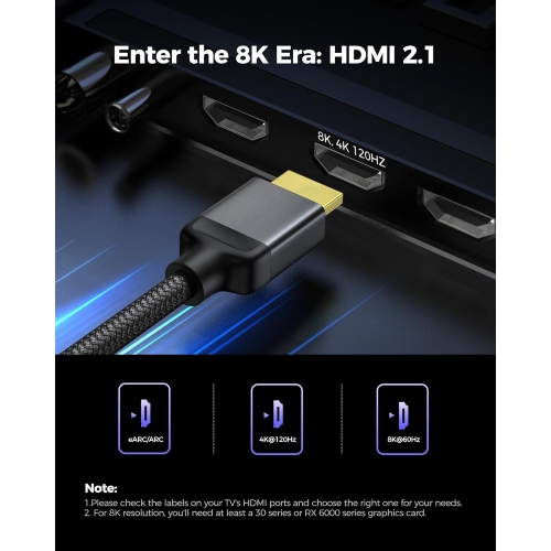 10K 8K HDMI 2.1 Cable 6.6FT, Ultra High Speed [10K 8K@60Hz, 4K@240Hz 144Hz 120Hz] 48Gbps, HDR 10+, eARC, ARC, HDCP 2.2 & 2.3, Compatible for
