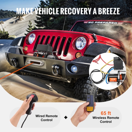 VEVOR 6000 lb Electric Winch, 12V DC with Φ1/4 in x 55 ft Rope Aluminum Fairlead Wireless & Wired Control, IP55 Waterproof for Towing Off-Road SUV