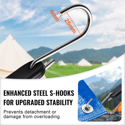 VEVOR 50 Piece Flat Bungee Cord, 19.8 mm Heavy Duty Bungee Straps with Steel S-Hooks, 21" Elastic Bungee Rope for Cargo, Tarps, Trucks and Tent, Black