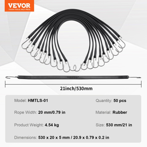 VEVOR 50 Piece Flat Bungee Cord, 19.8 mm Heavy Duty Bungee Straps with Steel S-Hooks, 21" Elastic Bungee Rope for Cargo, Tarps, Trucks and Tent, Black