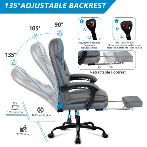 Coolse Big & Tall Executive Office Chair with Footrest, Reclining High Back Leather Desk Chair, Lumbar Support & Padded Armrests – Ergonomic Home