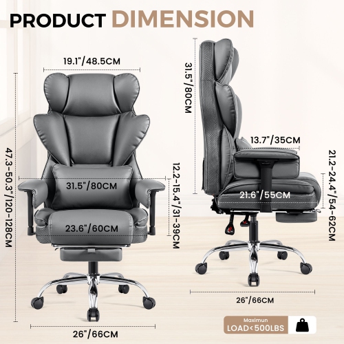 Coolse Big & Tall Executive Chair - 500LB Capacity, Adjustable Arms, Footrest & Lumbar Support, High Back PU Leather Gaming Chair for Adults