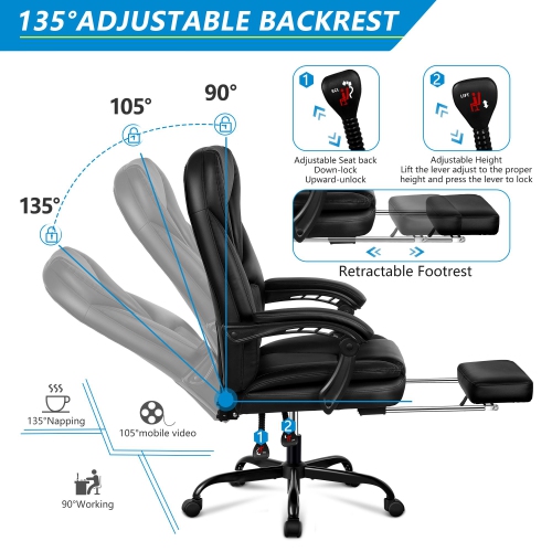 Coolse Big & Tall Executive Office Chair with Footrest, Reclining High Back Leather Desk Chair, Lumbar Support & Padded Armrests – Ergonomic Home