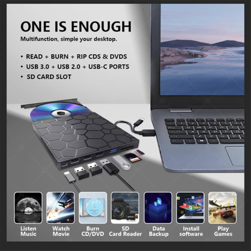 External CD/DVD Drive for Laptop, 7 IN 1 USB 3.0 DVD Player, Burner Writer, External Disk Drive, Optical Drive Compatible with Laptop, PC