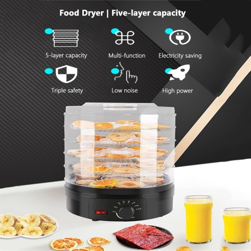 Deshidratador de frutas y verduras o secador de alimentos para frutas, verduras y carne seca, rango de temperatura ajustable de 35 a 70°C, 5 bandejas