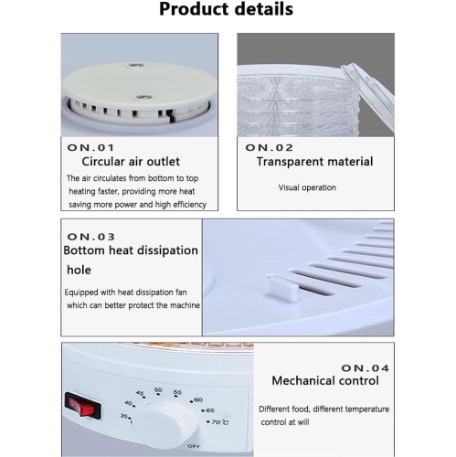 Deshidratador de frutas y verduras o secador de alimentos para frutas, verduras y carne seca, rango de temperatura ajustable de 35 a 70°C, 5 bandejas