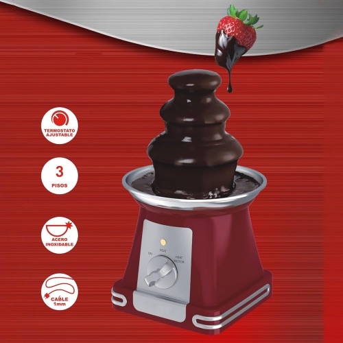 Three-tiered mini chocolate fountain, removable/easy to clean, knob control + easy to use, roaster, chocolate dipping - for fruit, gourmet, red