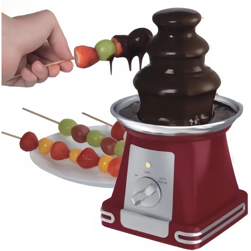Three-tiered mini chocolate fountain, removable/easy to clean, knob control + easy to use, roaster, chocolate dipping - for fruit, gourmet, red