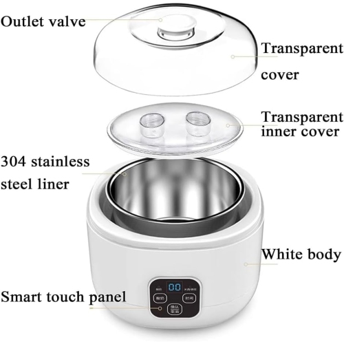 Yogourtière Smart LCD de 1 L - Acier inoxydable, grande capacité, couvercle transparent, 100 % sans additifs, compact et facile à nettoyer, avec