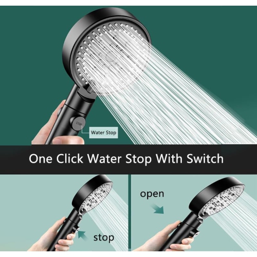 Shower head adjustable high pressure water saving shower head water massage shower head with one button stop function for bathroom accessories, black