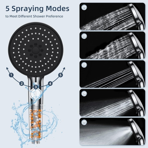 Shower head with 1.5m hose, 5 mode function anti-limescale shower head, high pressure shower head