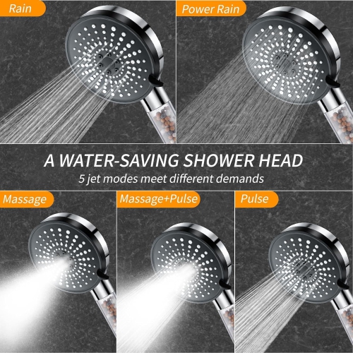 Five-speed adjustment High-pressure water Negative ion hard water softening and filtration Shower head - silver and black surface