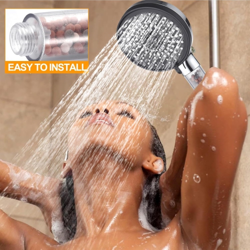 Five-speed adjustment High-pressure water Negative ion hard water softening and filtration Shower head - silver and black surface