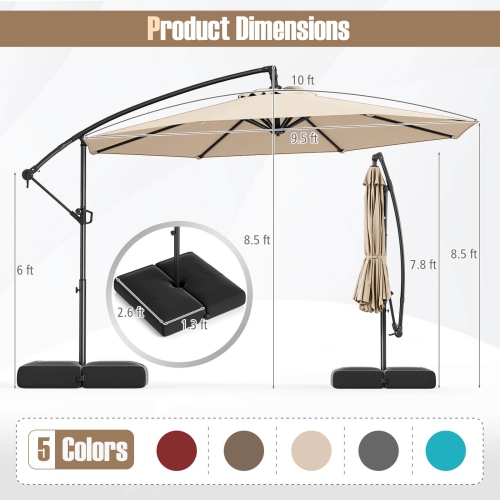 Parasol suspendu décalé de 10 pi de Costway avec base Parasol en porte-à-faux de patio, rotation de 360° Brun/Turquoise/Beige/Gris/Rouge
