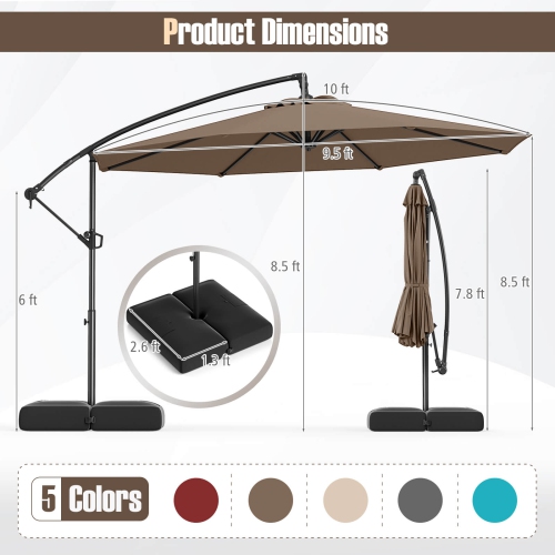 Costway 10 FT Offset Hanging Umbrella with Base Patio Cantilever Umbrella 360° Rotation Brown/Turquoise/Beige/Gray/Red