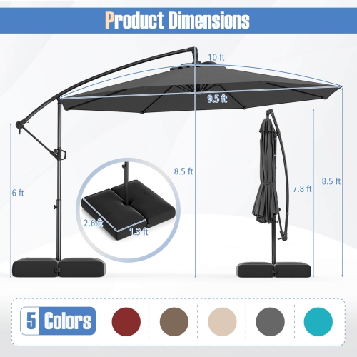 Costway 10 FT Offset Hanging Umbrella with Base Patio Cantilever Umbrella 360° Rotation Brown/Turquoise/Beige/Gray/Red