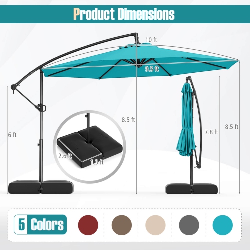 Parasol suspendu décalé de 10 pi de Costway avec base Parasol en porte-à-faux de patio, rotation de 360° Brun/Turquoise/Beige/Gris/Rouge