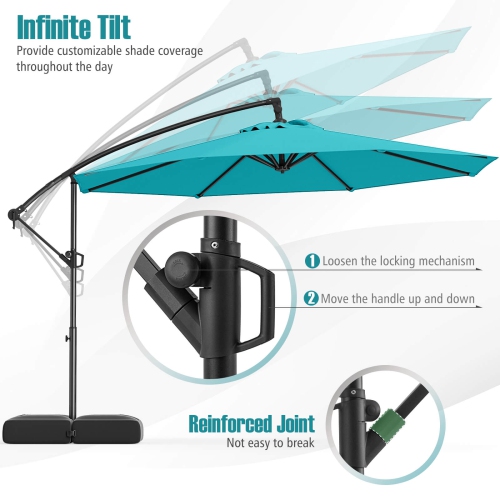 Parasol suspendu décalé de 10 pi de Costway avec base Parasol en porte-à-faux de patio, rotation de 360° Brun/Turquoise/Beige/Gris/Rouge