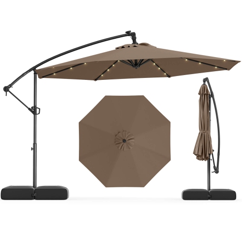 Costway 10 FT Solar Offset Hanging Umbrella Patio Cantilever Umbrella with 32 LED Lights Brown/Turquoise/Beige/Gray/Red