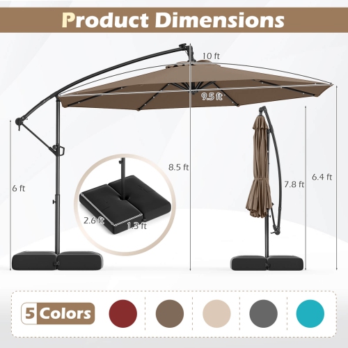 Costway 10 FT Solar Offset Hanging Umbrella Patio Cantilever Umbrella with 32 LED Lights Brown/Turquoise/Beige/Gray/Red