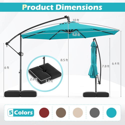 Costway 10 FT Solar Offset Hanging Umbrella Patio Cantilever Umbrella with 32 LED Lights Brown/Turquoise/Beige/Gray/Red