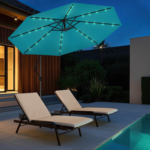 Costway 10 FT Solar Offset Hanging Umbrella Patio Cantilever Umbrella with 32 LED Lights Brown/Turquoise/Beige/Gray/Red