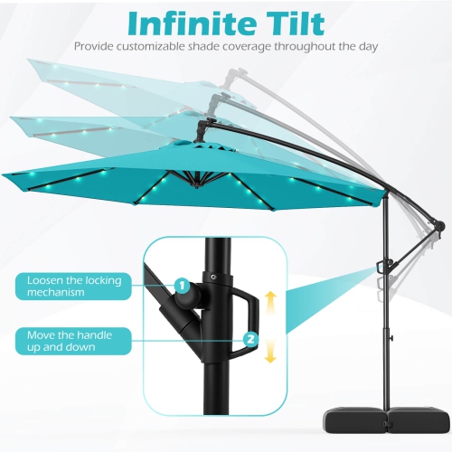 Costway 10 FT Solar Offset Hanging Umbrella Patio Cantilever Umbrella with 32 LED Lights Brown/Turquoise/Beige/Gray/Red