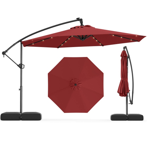 Costway 10 FT Solar Offset Hanging Umbrella Patio Cantilever Umbrella with 32 LED Lights Brown/Turquoise/Beige/Gray/Red