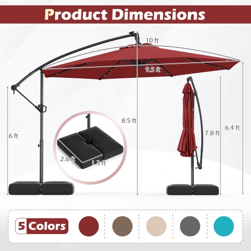 Costway 10 FT Solar Offset Hanging Umbrella Patio Cantilever Umbrella with 32 LED Lights Brown/Turquoise/Beige/Gray/Red