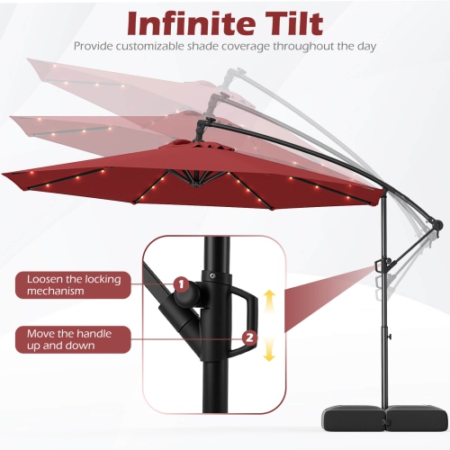 Costway 10 FT Solar Offset Hanging Umbrella Patio Cantilever Umbrella with 32 LED Lights Brown/Turquoise/Beige/Gray/Red