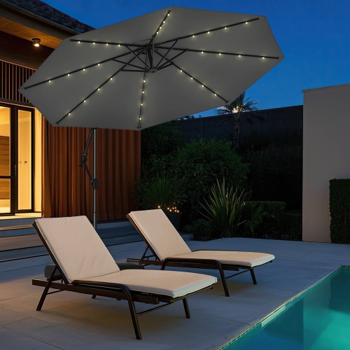 Costway 10 FT Solar Offset Hanging Umbrella Patio Cantilever Umbrella with 32 LED Lights Brown/Turquoise/Beige/Gray/Red