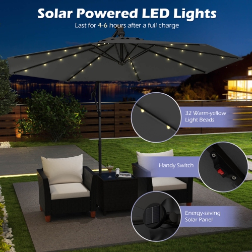 Costway 10 FT Solar Offset Hanging Umbrella Patio Cantilever Umbrella with 32 LED Lights Brown/Turquoise/Beige/Gray/Red