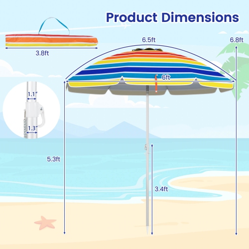 Parasol de plage de 6,5 pi de Costway Pare-soleil inclinable et portatif en aluminium multicolore/bleu/turquoise/beige