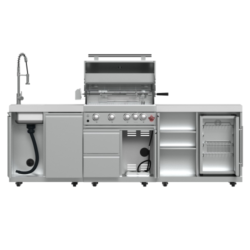 FORNO Bulnes 30-Inch BBQ, 60,000 BTU, 3 Burners with Sear & Rotisserie Infrared Burners, Stainless Steel Outdoor Kitchen with Beverage Center & White