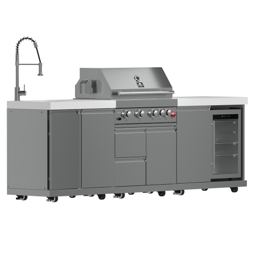 FORNO Bulnes 30-Inch BBQ, 60,000 BTU, 3 Burners with Sear & Rotisserie Infrared Burners, Stainless Steel Outdoor Kitchen with Beverage Center & White