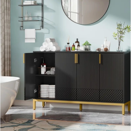 59" Black and Golden Buffet Cabinet with Storage – Elegant 4-Door Kitchen Sideboard, Coffee Bar, and Accent Cabinet for Dining Room or Living Room