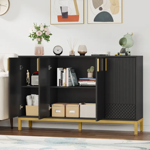 59" Black and Golden Buffet Cabinet with Storage – Elegant 4-Door Kitchen Sideboard, Coffee Bar, and Accent Cabinet for Dining Room or Living Room