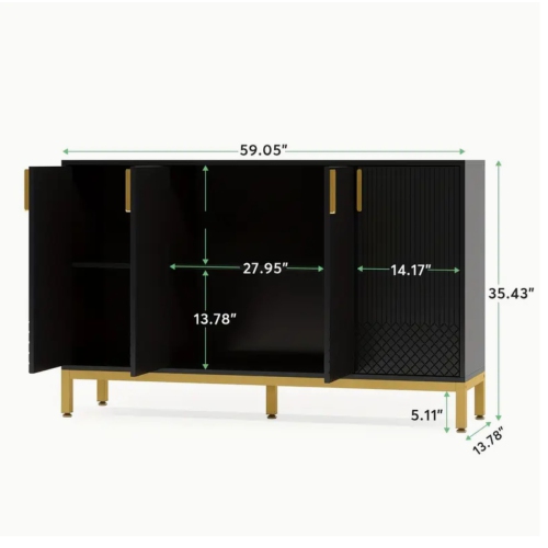 59" Black and Golden Buffet Cabinet with Storage – Elegant 4-Door Kitchen Sideboard, Coffee Bar, and Accent Cabinet for Dining Room or Living Room